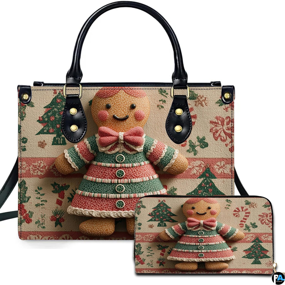 Front studio presentation showcasing the gingerbread girl cookie artwork and festive holiday botanical pattern.