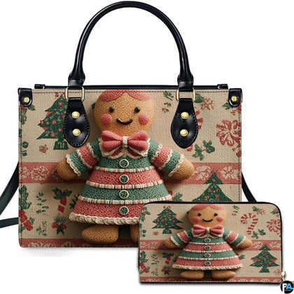 Front studio presentation showcasing the gingerbread girl cookie artwork and festive holiday botanical pattern.
