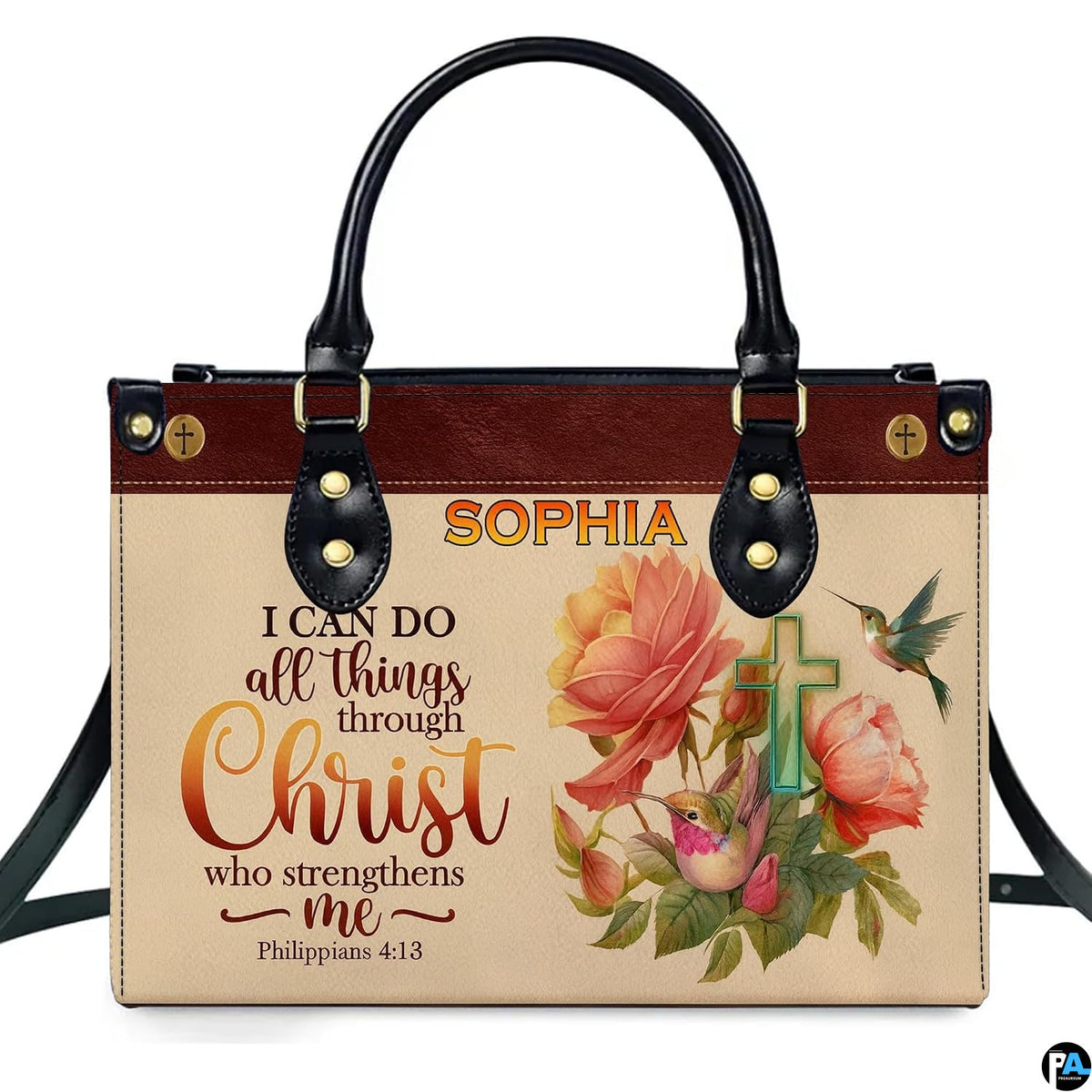 Devotional handbag displaying peach roses, hummingbirds, jade cross, and biblical calligraphy.