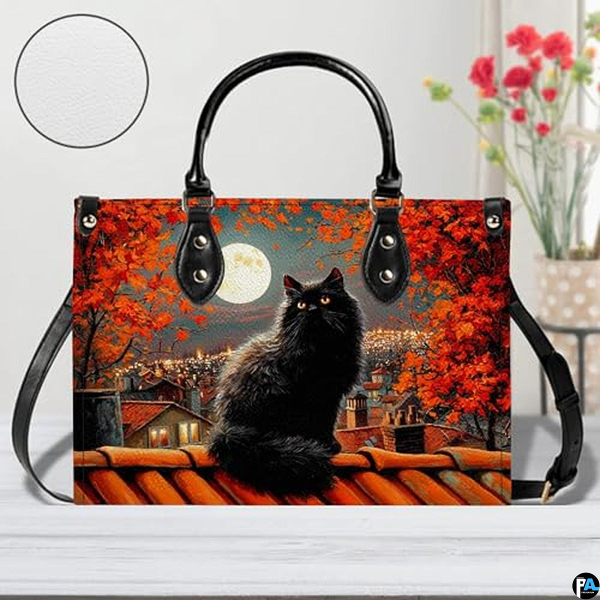 Black Cat Leather Bag – Vintage Cat Art Handbag, Stylish Animal-Themed Purse, Unique Gift for Cat Lovers