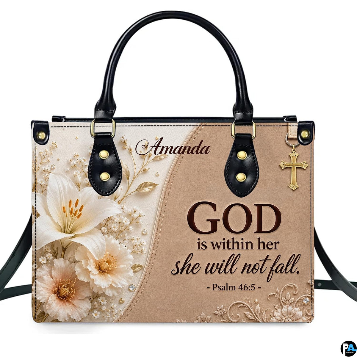Sculpted lily biblical scripture handbag with peach peonies and golden cross