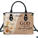 Sculpted lily biblical scripture handbag with peach peonies and golden cross