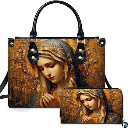 Handbag showcasing praying Virgin Mary impasto oil painting in amber gold tones.