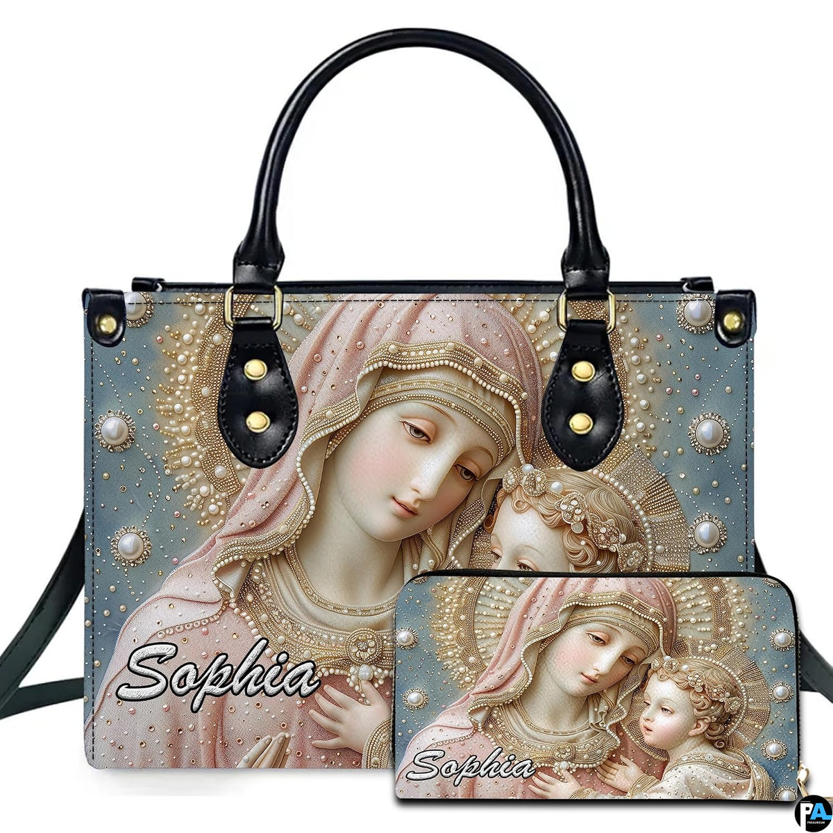 Pearl beaded Madonna and Child artwork on coordinated handbag and wallet set