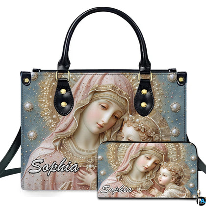 Pearl beaded Madonna and Child artwork on coordinated handbag and wallet set