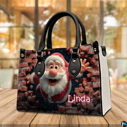 Festive cartoon Santa handbag presented on outdoor wooden table in front of cafe window.
