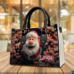 Festive cartoon Santa handbag presented on outdoor wooden table in front of cafe window.