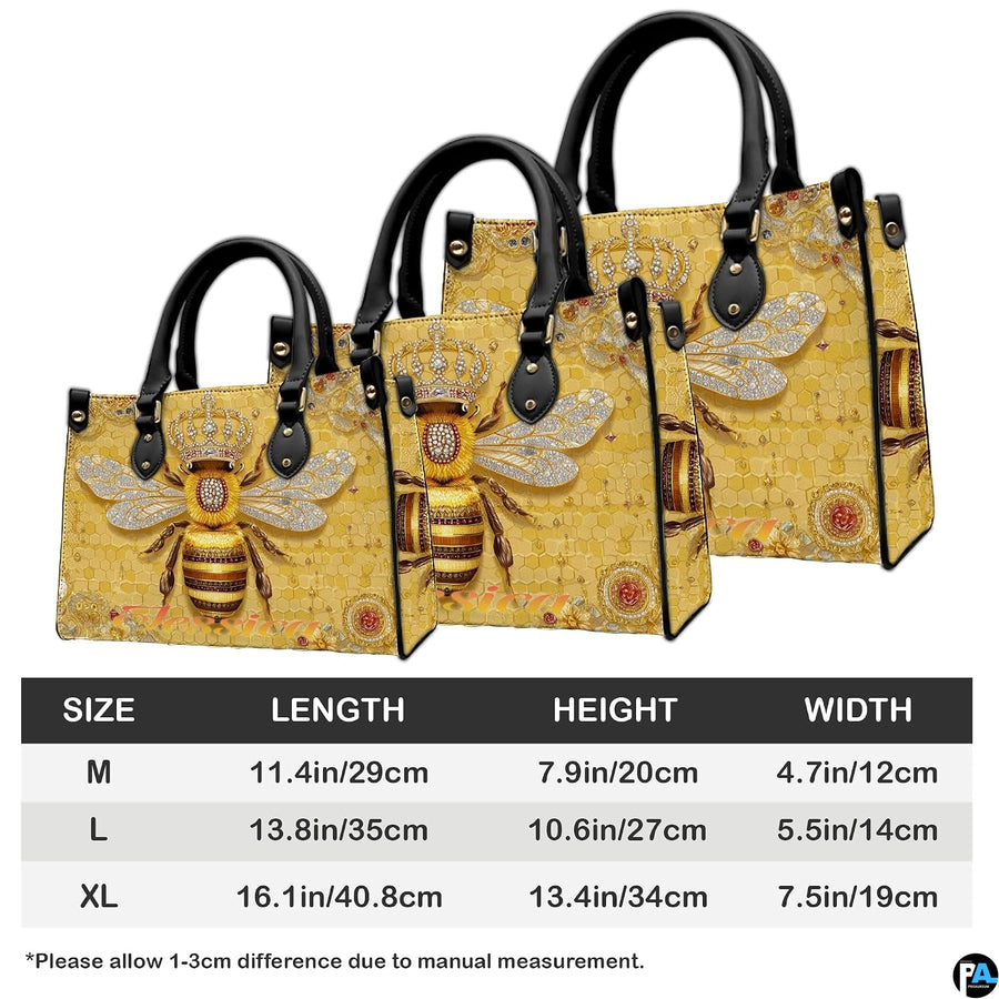 Coordinated arrangement of bee handbag and wallet highlighting unified golden theme.