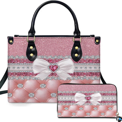 Pink shimmer handbag with white bow, heart gem, jeweled rows and matching accessory