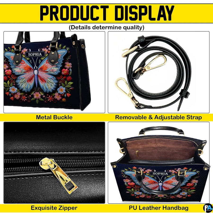 Detailed views of the embroidered butterfly handbag construction, gold accents, and interior.