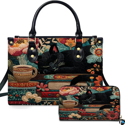 Studio presentation of cat tapestry art alongside matching companion accessory.