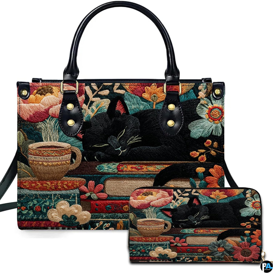 Studio presentation of cat tapestry art alongside matching companion accessory.