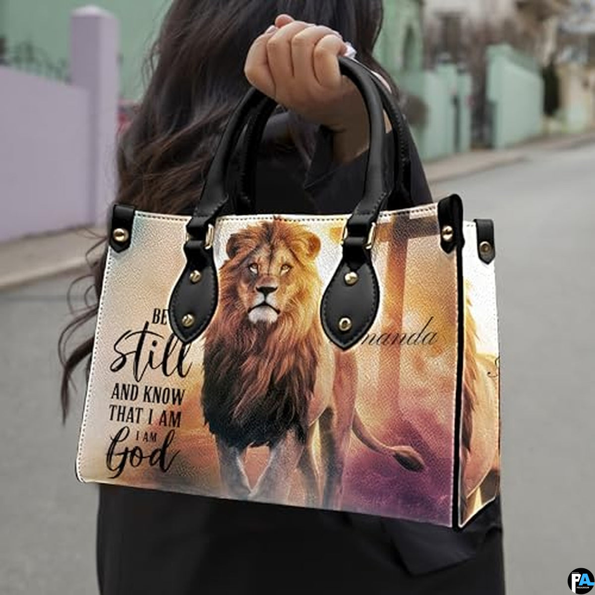 Personalized Lion Cross with Scripture Handbag for Faith Gift