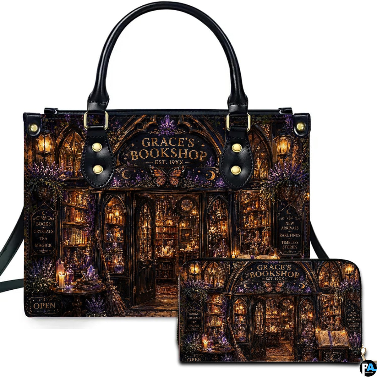 Mystical gothic emporium storefront with amber lanterns and lavender sprigs on matching handbag and wallet set.