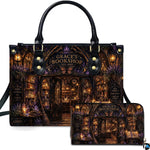 Mystical gothic emporium storefront with amber lanterns and lavender sprigs on matching handbag and wallet set.