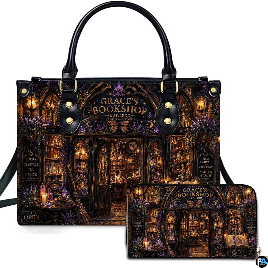Mystical gothic emporium storefront with amber lanterns and lavender sprigs on matching handbag and wallet set.
