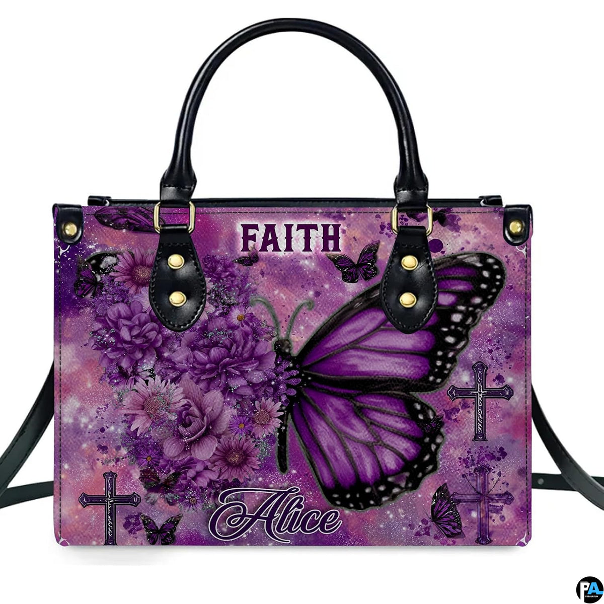 Angled perspective view of purple floral butterfly cross handbag showing dimensional artwork.