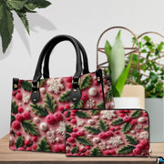 Tabletop scene showcasing pink winter pattern with green holly foliage beside houseplant