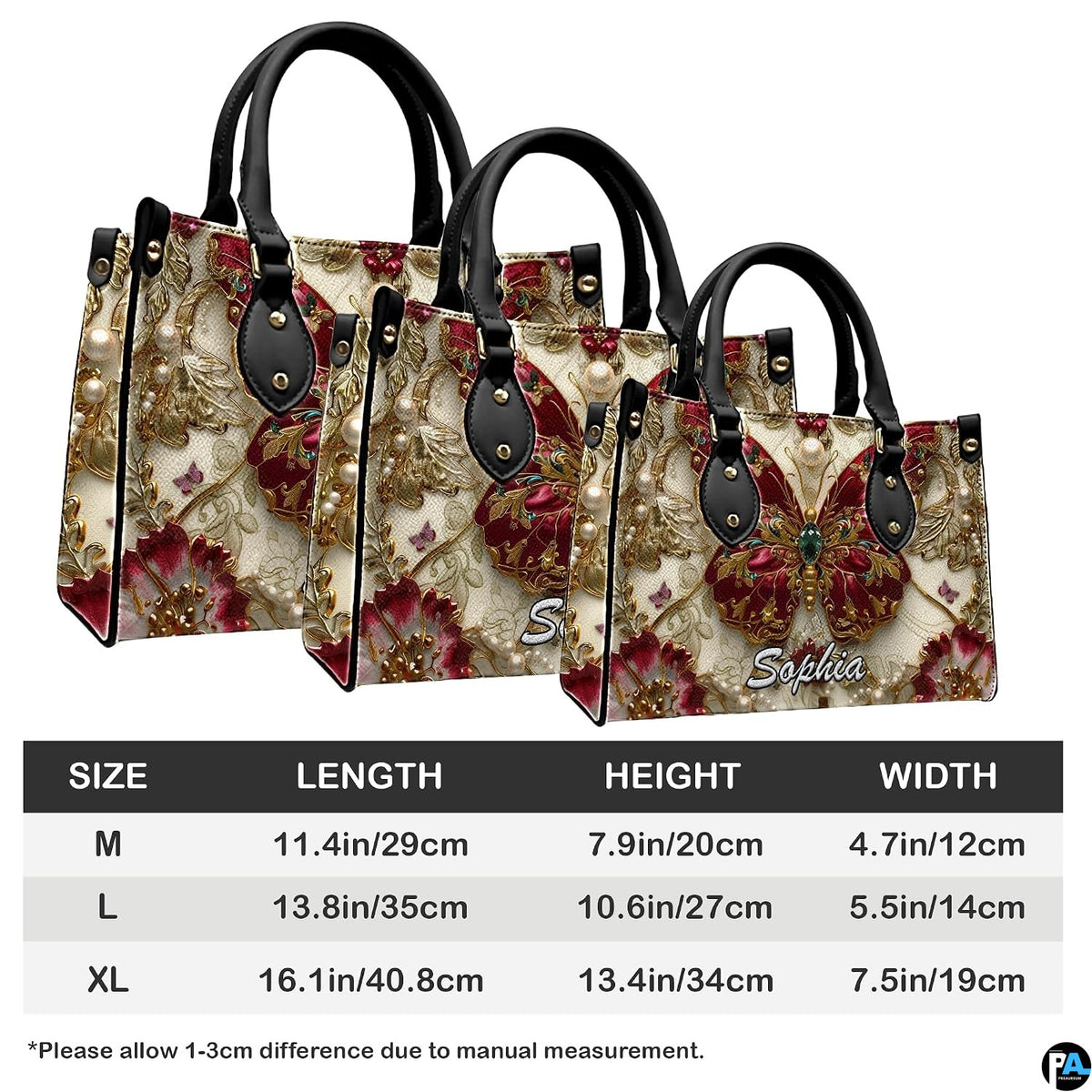 Side perspective view of baroque ruby butterfly handbag and wallet pair