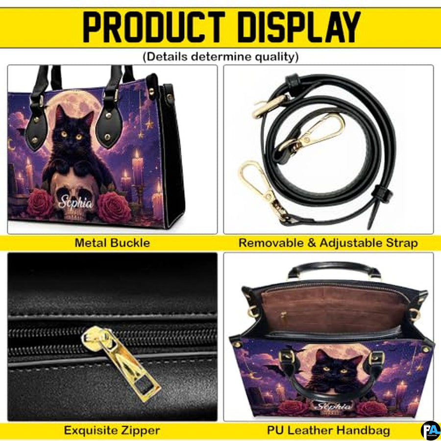 Black Cat Leather Bag – Vintage Cat Art Handbag, Stylish Animal-Themed Purse, Unique Gift for Cat Lovers