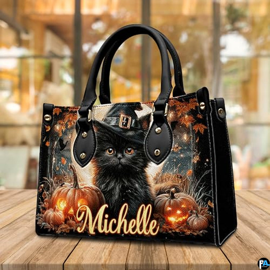 Personalized Halloween Leather Handbag – Custom Witch 3D Printing Effect Purses For Women – Spooky Gothic Shoulder Bag