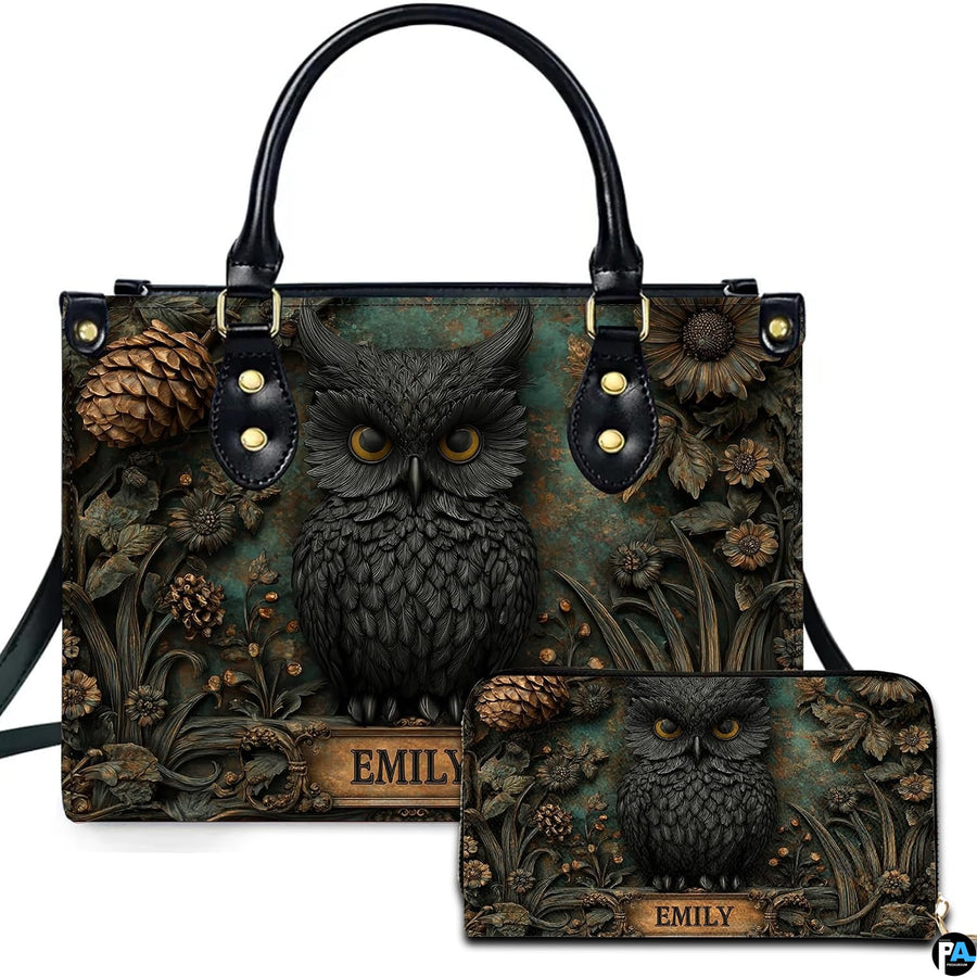 Personalized Black Owl Forest Scene Shoulder Bag, Gift for Her