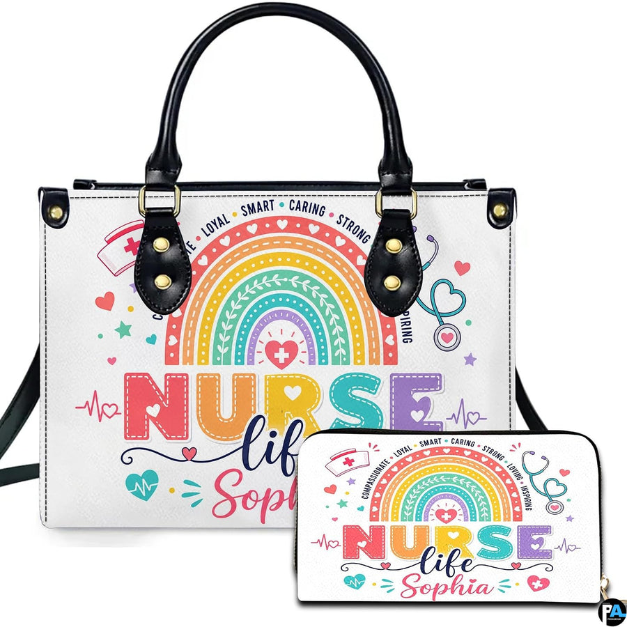Rainbow nurse life art featuring a pastel boho rainbow and nurse lettering on coordinating companion items.