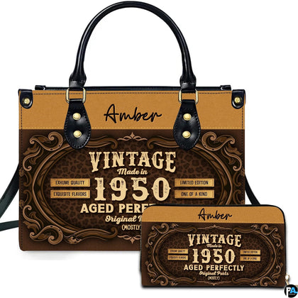 Brown ornate typography handbag with scrollwork and spotted pattern