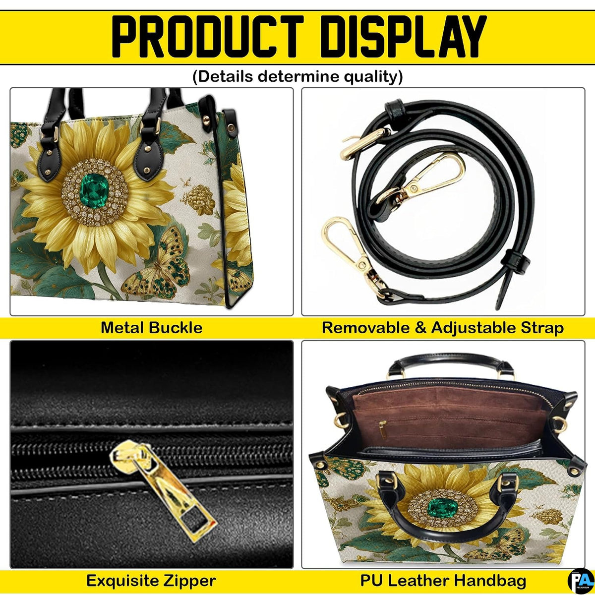 Matching zippered wallet companion featuring jeweled sunflower and emerald centerpiece