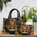 Detailed view of lion cross handbag showing handle hardware and intricate lion facial rendering.