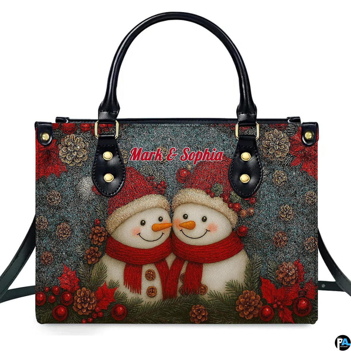 Front view of holiday handbag and wallet set with snowman couple in red beanies on teal glitter backdrop