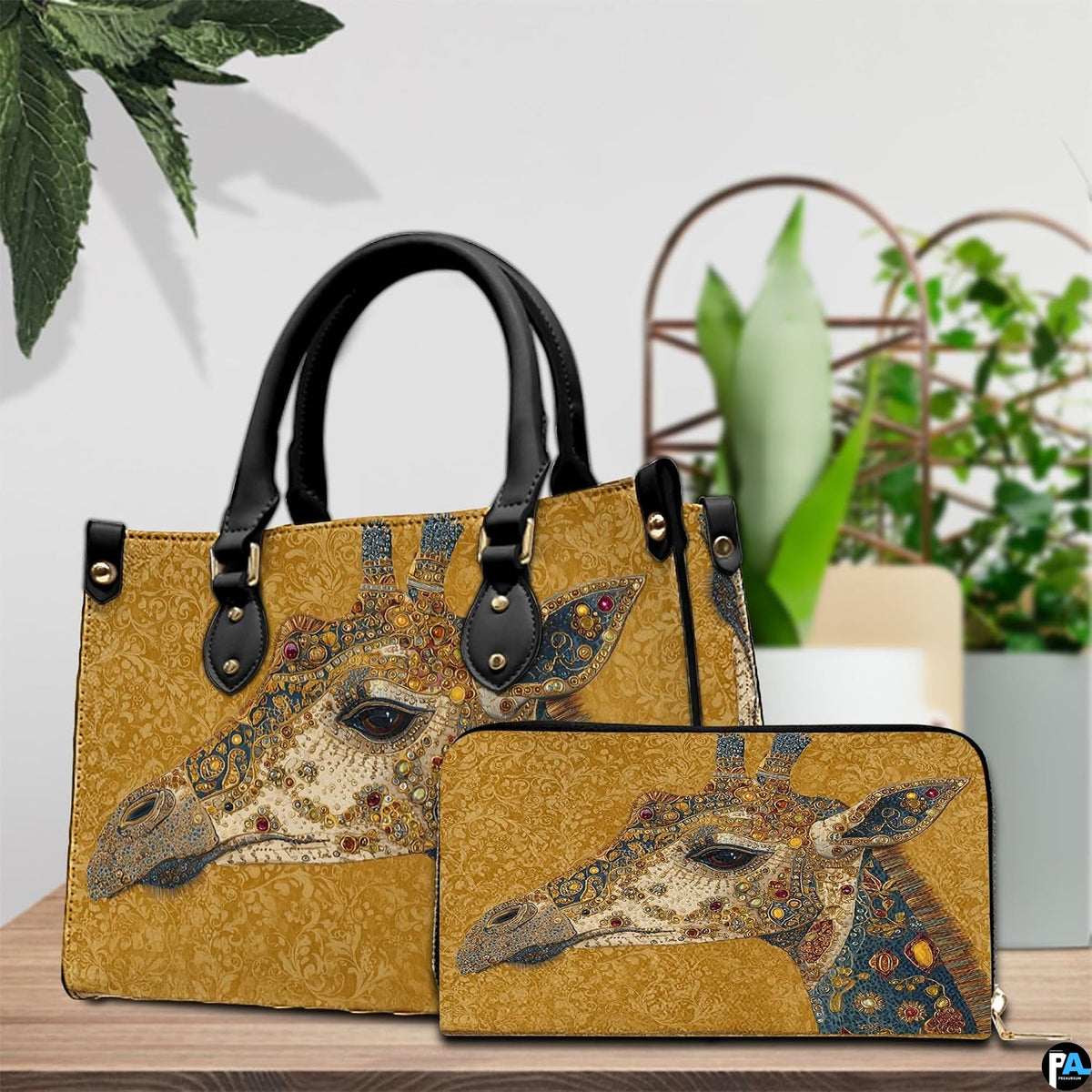 Top down view of giraffe handbag showing zipper closure and interior opening.