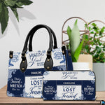 Dual view showing hand carry and shoulder carry styling for blue hymn handbag