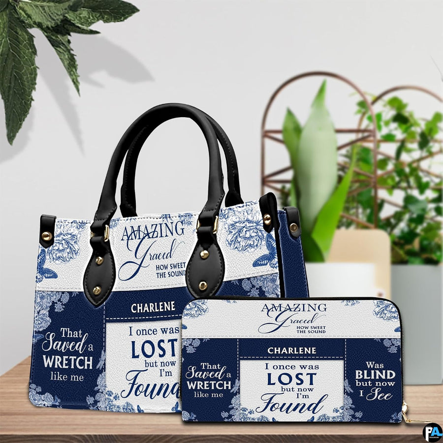 Dual view showing hand carry and shoulder carry styling for blue hymn handbag