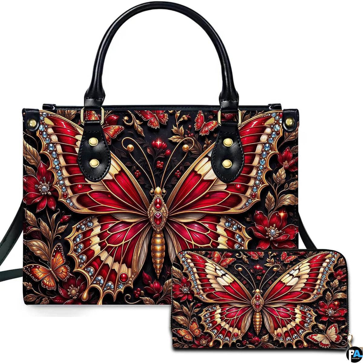 Baroque crimson jeweled butterfly handbag and wallet set displayed against a white studio background