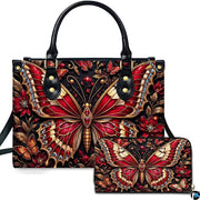 Baroque crimson jeweled butterfly handbag and wallet set displayed against a white studio background