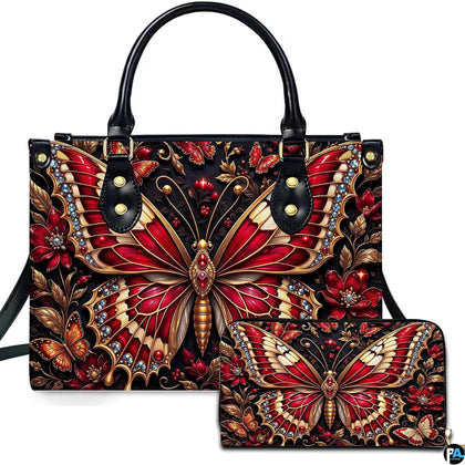 Baroque crimson jeweled butterfly handbag and wallet set displayed against a white studio background