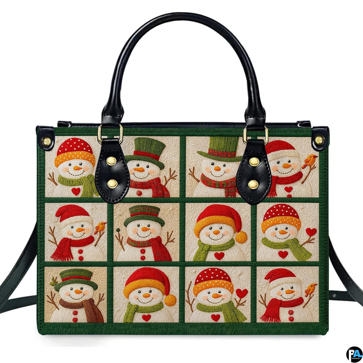 Front view of structured handbag featuring a twelve-block grid of festive snowmen in colorful hats and scarves.