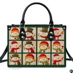 Front view of structured handbag featuring a twelve-block grid of festive snowmen in colorful hats and scarves.