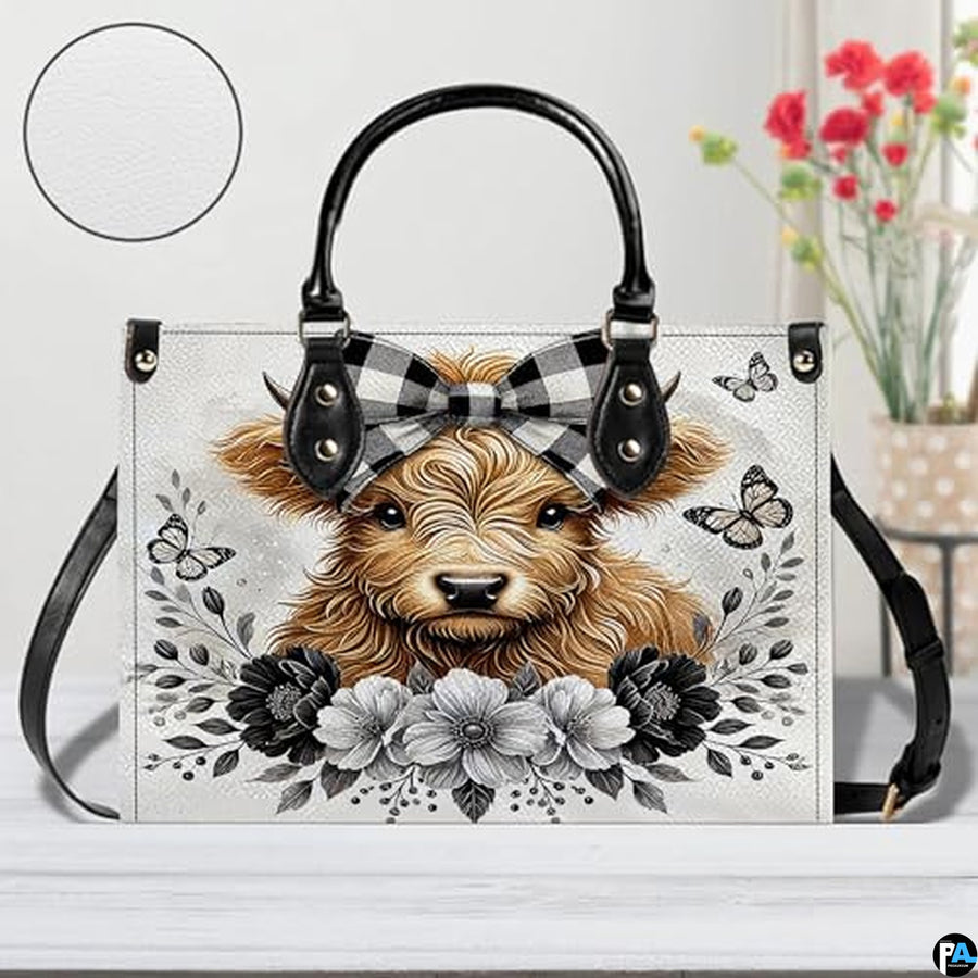 Highland Cow Leather Handbag Custom Cow Purse for Women Country Farm PU Leather Tote Gifts for Farmers Girls Mom Gift