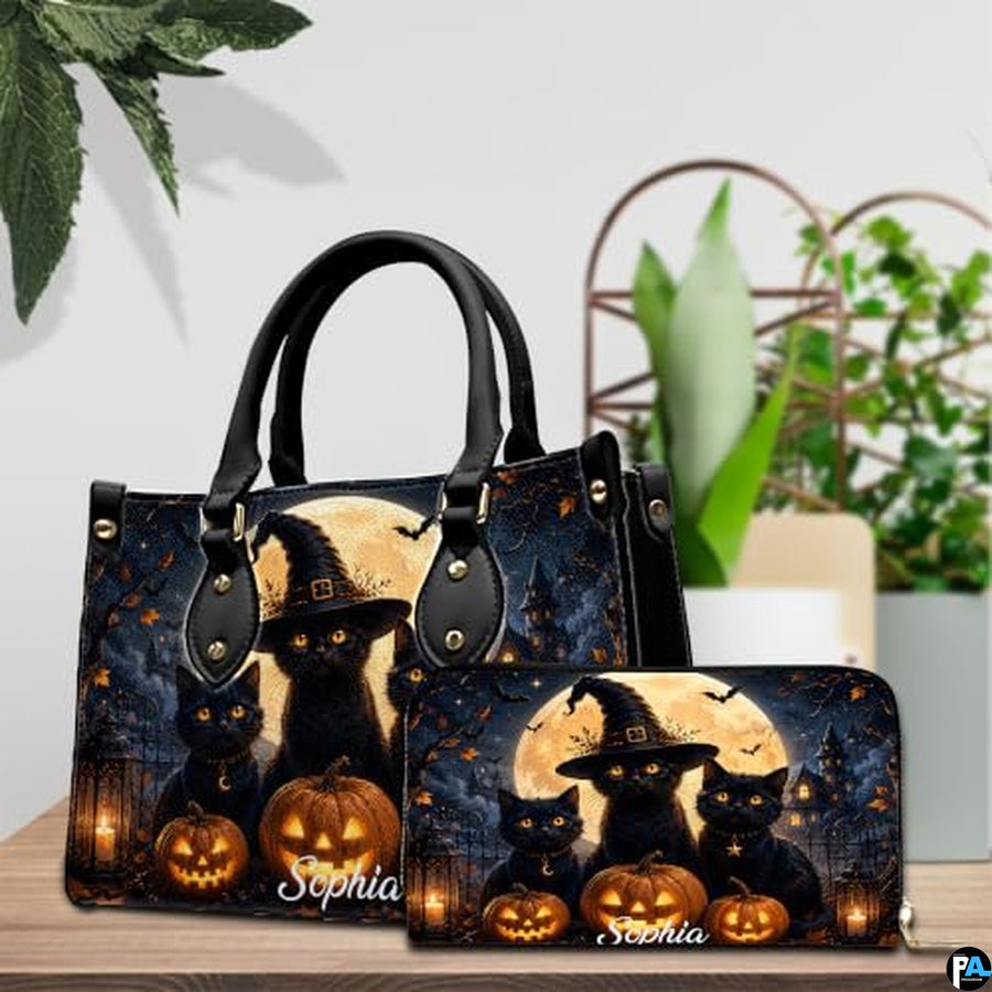 Black Cat Leather Bag – Vintage Cat Art Handbag, Stylish Animal-Themed Purse, Unique Gift for Cat Lovers