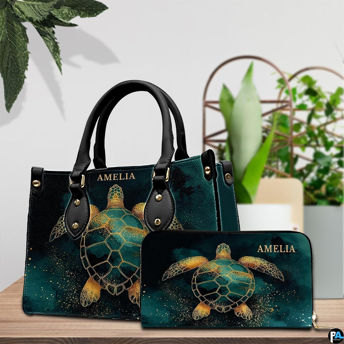 Lifestyle model display showing the emerald turtle handbag carried over the shoulder.