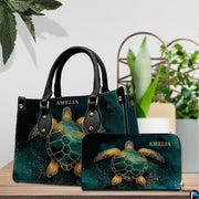 Lifestyle model display showing the emerald turtle handbag carried over the shoulder.