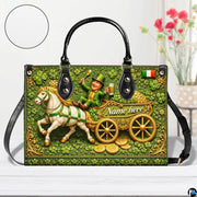 Front view of Irish horse cart handbag with shamrocks and coins