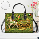 Front view of Irish horse cart handbag with shamrocks and coins