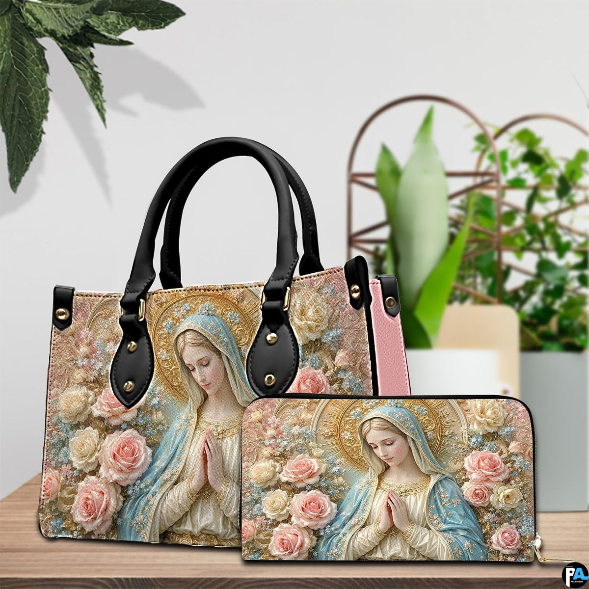 Interior view of praying Madonna handbag showing spacious lining and compartment layout