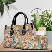 Interior view of praying Madonna handbag showing spacious lining and compartment layout
