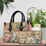 Interior view of praying Madonna handbag showing spacious lining and compartment layout