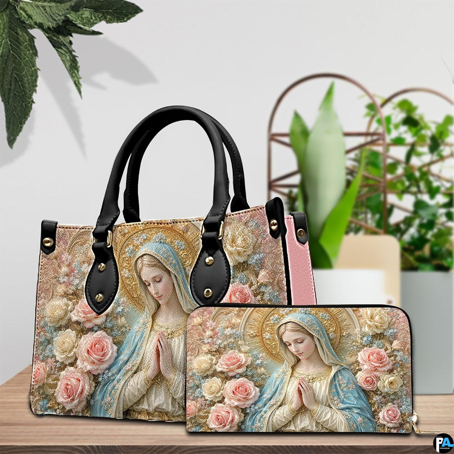 Interior view of praying Madonna handbag showing spacious lining and compartment layout