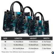 Comparative measurements diagram illustrating varied scale options for the teal winter handbag.